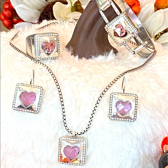 Brighton OPEN HEARTED Pink Crystal Heart Necklace Bracelet Earrings & Ring set - Picture 2 of 16